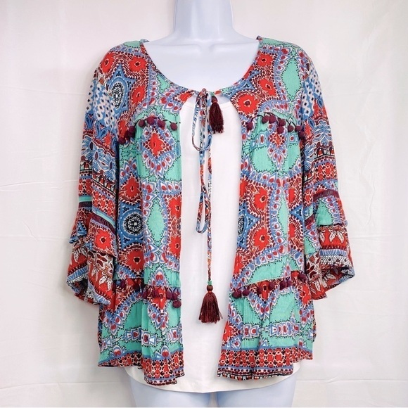 Democracy Women’s Sz Medium Multi-Color Lightweight 3/4 Bell Sleeve Cardigan - Picture 4 of 8